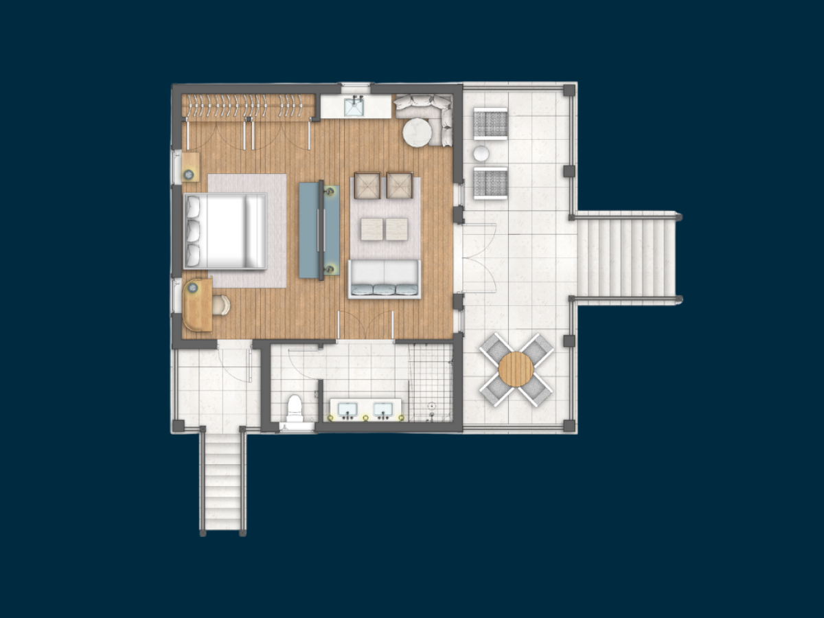 A small apartment floor plan: one bedroom with a living area, kitchenette, bathroom, and a sunlit balcony; compact and efficient layout.