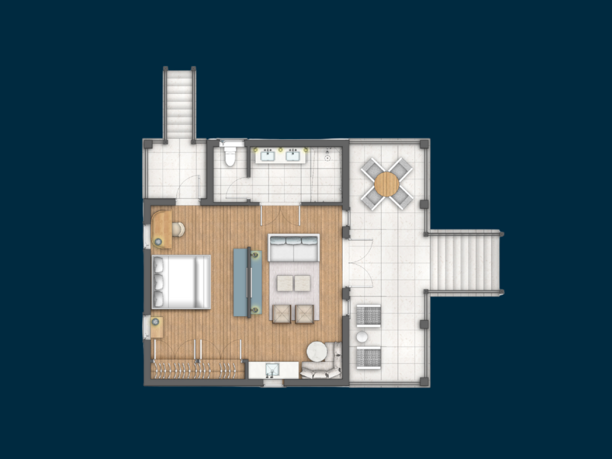 A small apartment floor plan with a living area, bedroom, kitchen, bathroom, and a balcony/terrace space, laid out on wood and tile flooring.