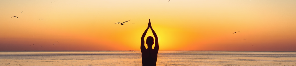 A person in a silhouetted yoga pose stands by a calm ocean at sunset, with birds flying overhead and golden light on the water.